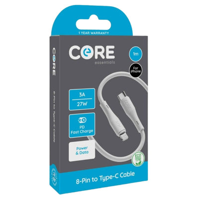 Retail packaging for the Core - 8 Pin to Type-C Cable (3A) - 1m features fast charge (3A/27W), power and data transfer, is eco-friendly, and compatible with iPhone.