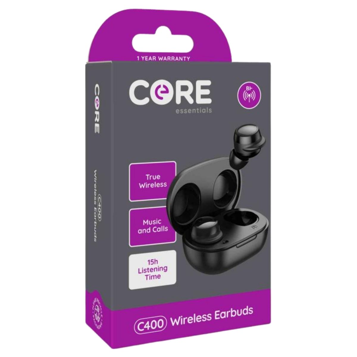Box of Core C400 Wireless Earbuds (1pc) by Core shown with earbuds and charging case; features include true wireless, music & calls, 15h playtime, and 1-year warranty.