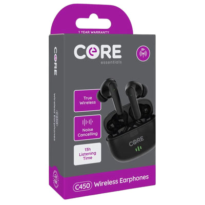 Purple and white box of Core C450 Wireless Earphones by Core, featuring true wireless tech, noise cancellation, and up to 13 hours battery life. The front shows black earbuds in a charging case.
