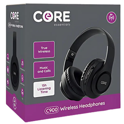 Core C900 Wireless Headphones by Core are shown on the box, featuring true wireless tech, music and call functions, and up to 15 hours of playtime. The sleek black Bluetooth headphones are highlighted on the packaging.