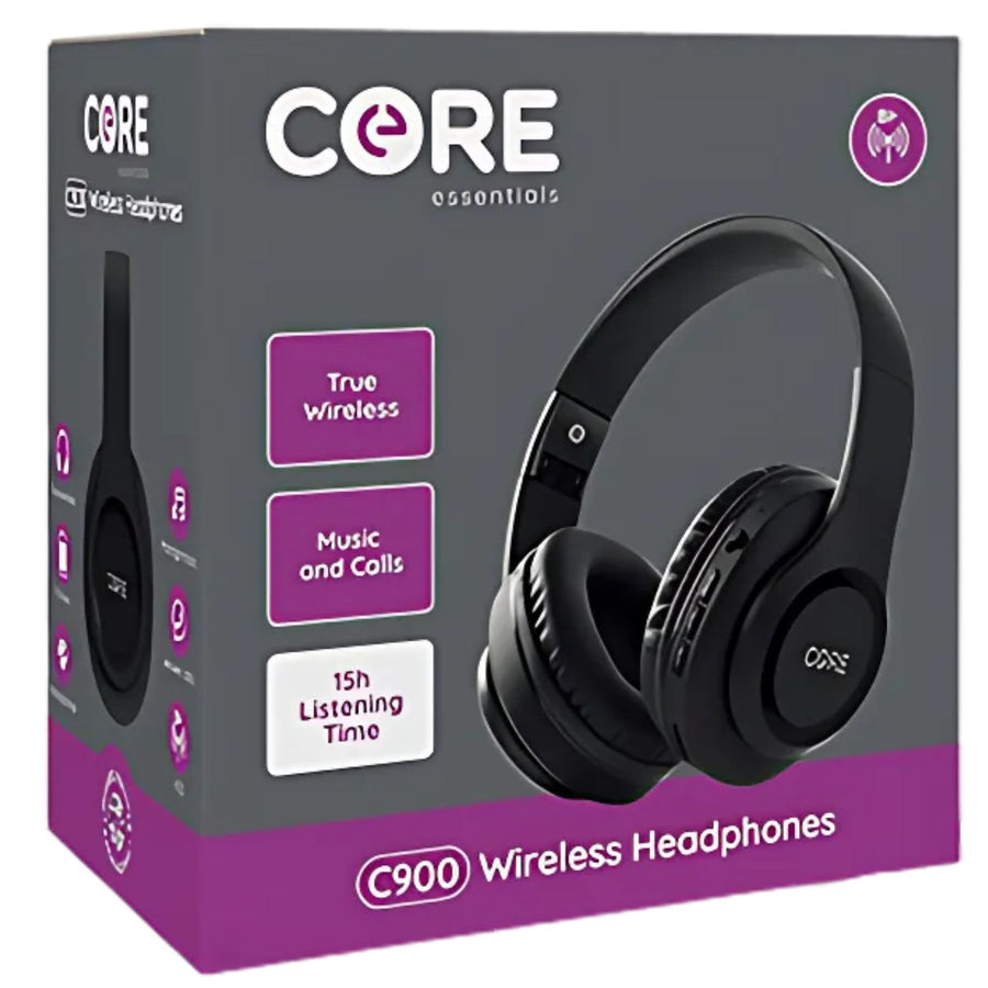 Core C900 Wireless Headphones by Core are shown on the box, featuring true wireless tech, music and call functions, and up to 15 hours of playtime. The sleek black Bluetooth headphones are highlighted on the packaging.