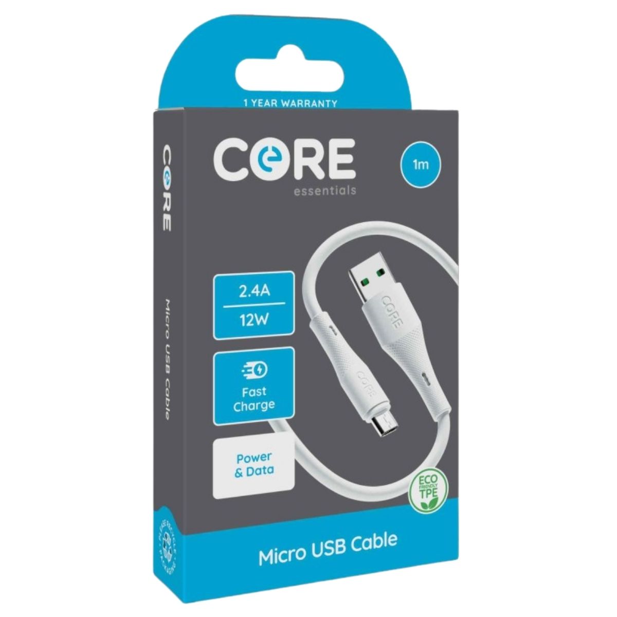Core - Micro USB Cable (2.4A) - 1m packaging shows a white Micro USB cable with 2.4A, 12W fast charging, power and data transfer features, and eco-friendly TPE material from Core.