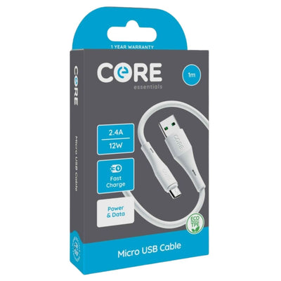 Core - Micro USB Cable (2.4A) - 1m packaging shows a white Micro USB cable with 2.4A, 12W fast charging, power and data transfer features, and eco-friendly TPE material from Core.