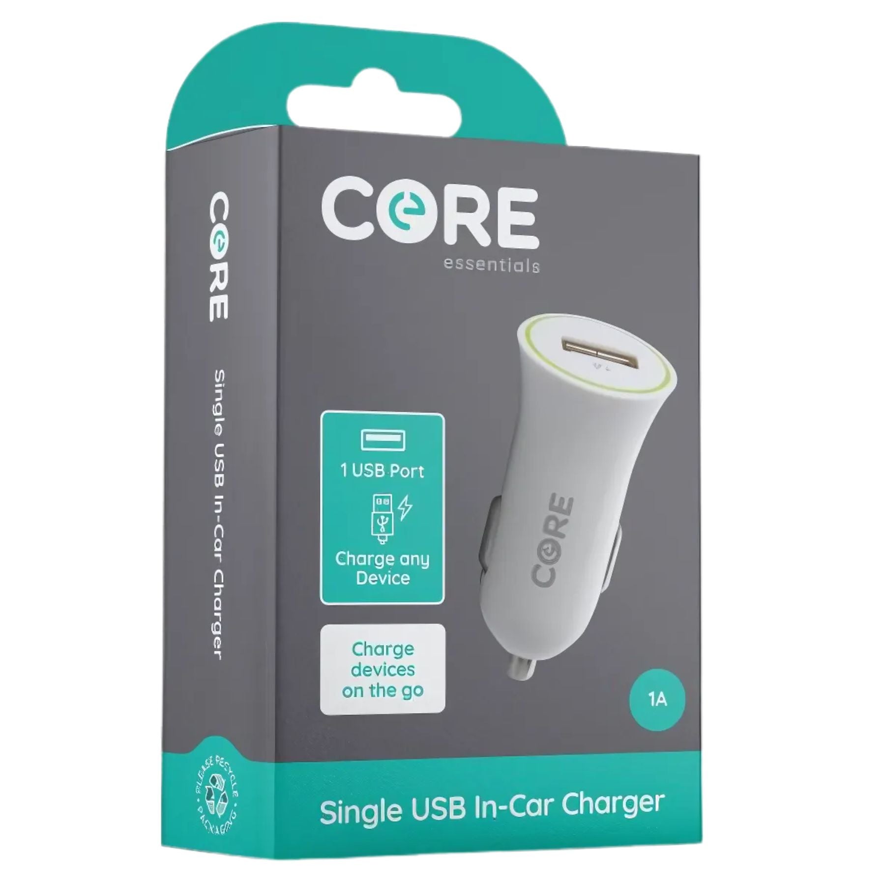 The Core - Single USB In-Car Charger - 1A is a compact travel accessory with 1 USB port and 1A output, compatible with any device—perfect as your go-to phone charger for the car.
