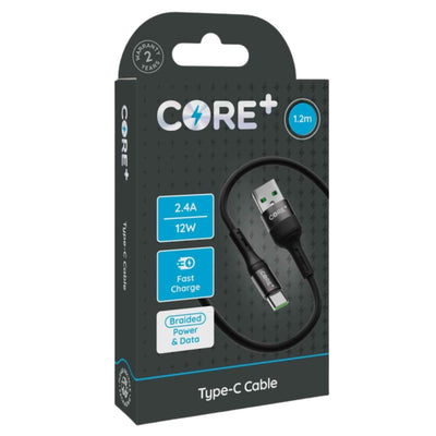 Core + - Type-C Cable (2.4A) - 1.2m by Core: Braided nylon cable for power and data, supporting fast charge up to 2.4A/12W. Comes in sleek black and gray packaging showcasing the product image and detailed specifications.