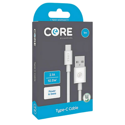 Retail packaging for the Core - Type A to Type C (2.1A) - 1m durable charging cable, featuring 2.1A fast charge, 10.5W power & data transfer, Eco TPE label—your reliable everyday charging solution with visible cable and connectors.