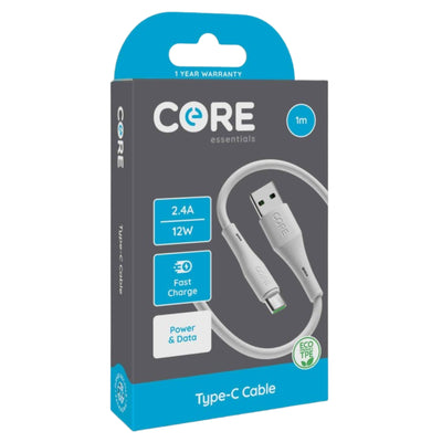 CORE Essentials 1m Type-C cable in its retail packaging, featuring a dark gray box with bright blue accents and a graphic of the white cable.