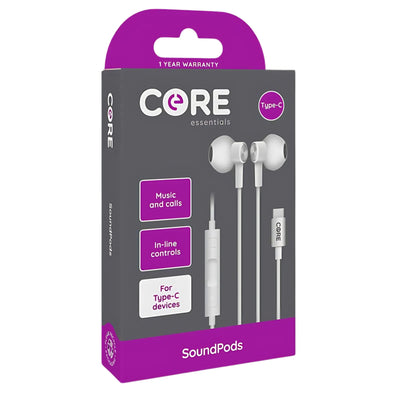 Core - Type C SoundPods - 1.2m wired earphones with molded earbuds and in-line controls, ideal for music, calls, and Type-C devices. Comes in gray and purple packaging.