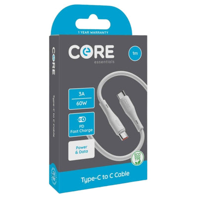 The Core Type C to Type C Cable (3A) – 1m by Core supports 60W power and data transfer, features fast charging icons, and is eco-friendly with eco TPE material, all in a retail box.