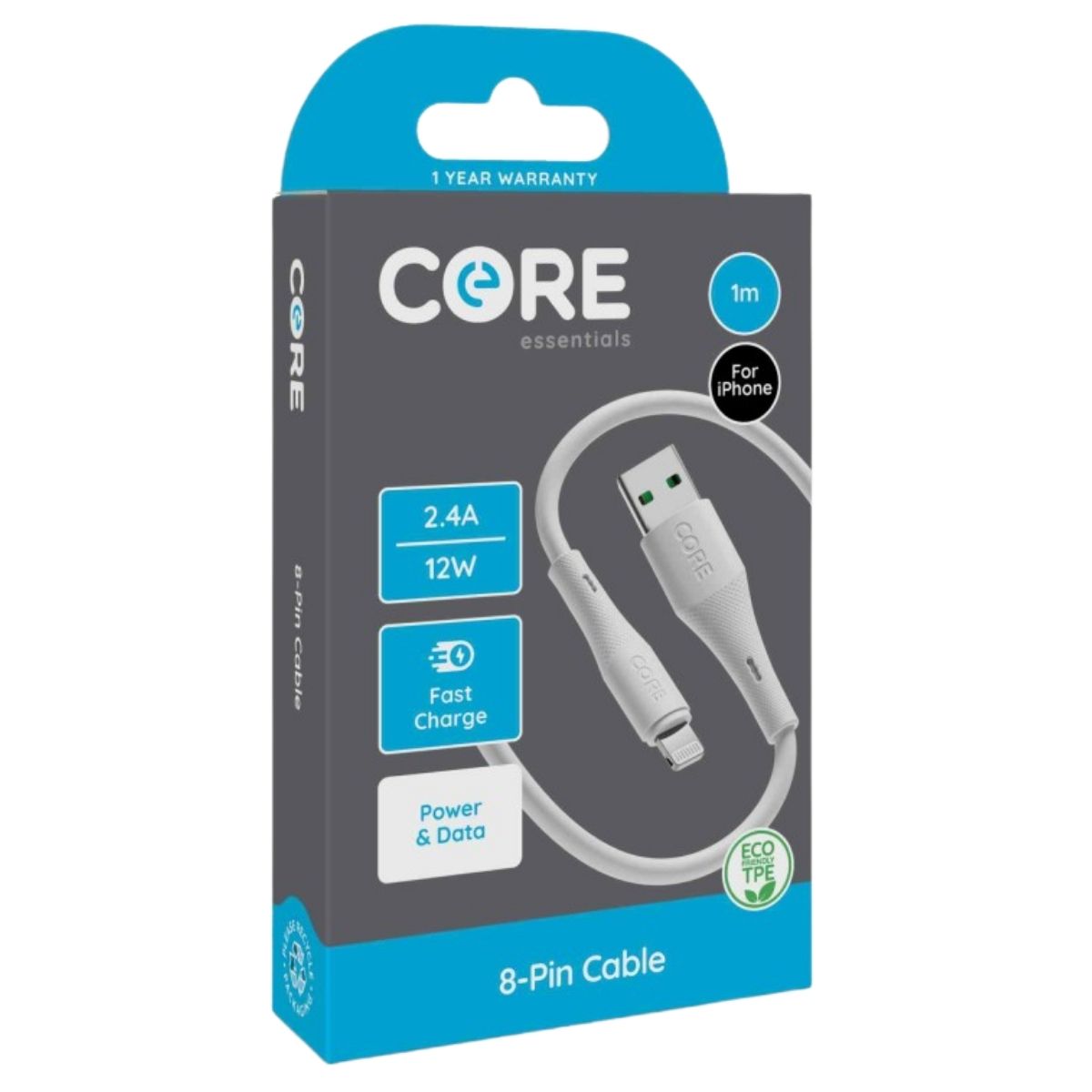 A retail pack of Core - USB to 8 Pin Cable (2.4A) - 1m, compatible with iPhone, supports fast charging at 2.4A/12W, and made from eco-friendly materials.