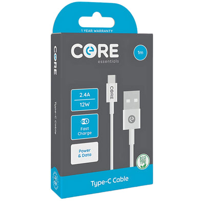 Core - USB to Type C Cable (2.4A) - 1m by Core offers durable 1m length, supports 2.4A fast charging and data transfer, features Eco Type label, and comes with a 1-year warranty displayed on the packaging.