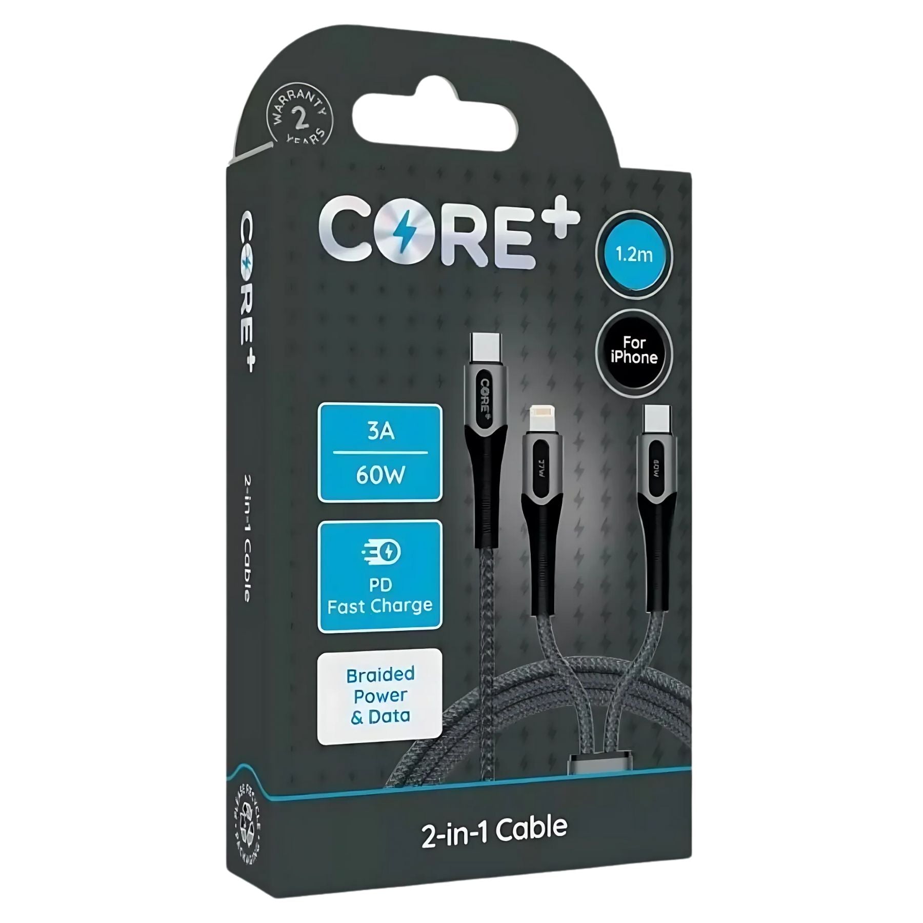 Core+ - 2 in 1 Cable Type C to 8 Pin + Type C (3A) - 1.2m – Continental ...