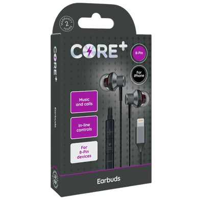 The Core+ 8-Pin Earbuds - 1.2m feature in-line control, support music and calls, are iPhone compatible, include a tangle-free cable, come from Core+, and packaging highlights a 2-year warranty.