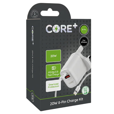 A Core+ - 8 Pin Charge Kit - 20W featuring a PD Type-C port and charging cable inside a black retail box.