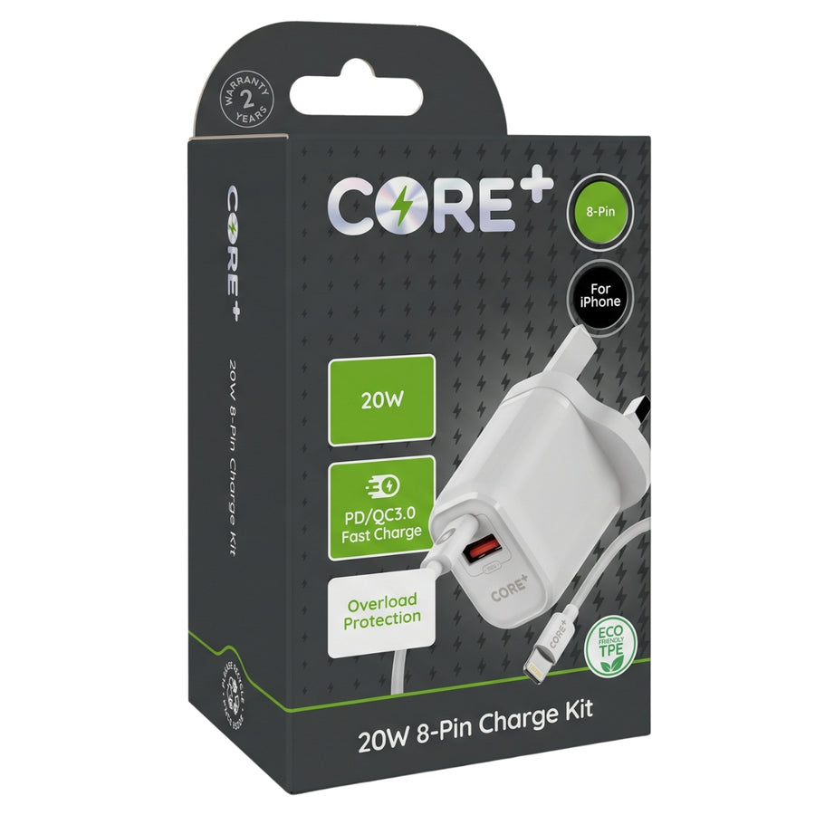 A Core+ - 8 Pin Charge Kit - 20W featuring a PD Type-C port and charging cable inside a black retail box.