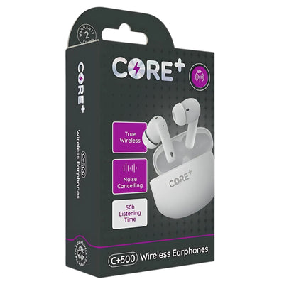 Box of Core+ C+500 Wireless Earphones by Core, featuring noise cancelling, Bluetooth connectivity, and up to 50 hours listening time, with an image of the earphones and charging case on the packaging.