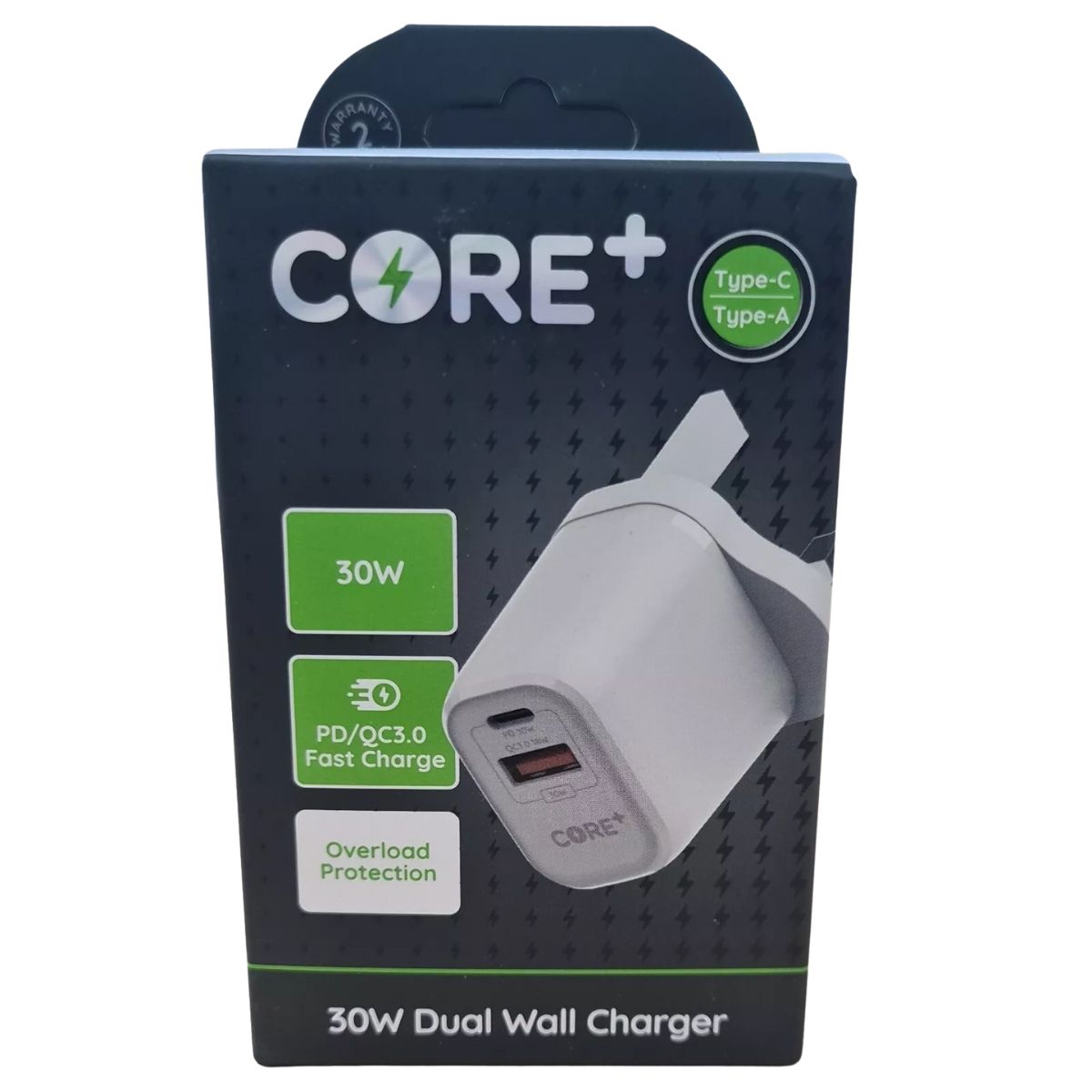 Box of the Core+ - Dual Wall Charger - 30W, offering both Type-C and Type-A ports with PD/QC3.0 fast charging and overload protection.