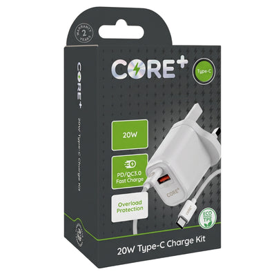 CORE+ 20W Type-C Charge Kit retail packaging box, featuring a white charger and cable illustration on a dark gray background with green and white text accents.