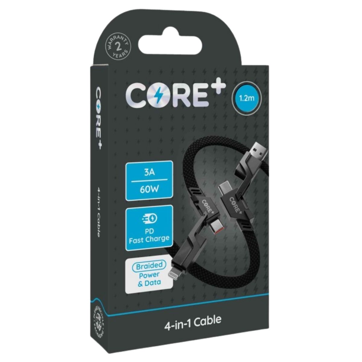 Core+ 4 in 1 Cable (3A) - 1.2m packaging showcases a braided USB cable with fast charge PD, 60W power, and includes a 2-year warranty.