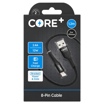 Black braided Core + 8 Pin Cable (2.4A) 1.2m in its retail packaging.
