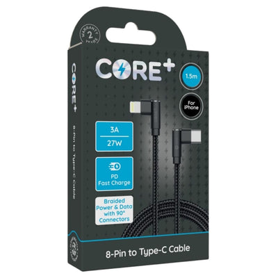 Core+ 8 Pin to Type-C (3A) - 1.5m retail packaging: fast-charging cable for iPhone with PD support, 27W/3A output, durable braided design, and ergonomic 90° connectors by Core+.