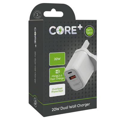 CORE+ 20W Dual Wall Charger retail packaging box, featuring a white charger illustration and green and white text on a dark gray background.