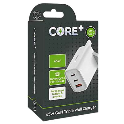 The Core+ GaN Triple Wall Charger - 65W packaging showcases three fast-charging ports, labeled for laptops, tablets, and phones.