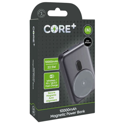 The Core+ Magnetic Wireless Power Bank - 10000mAh offers magnetic wireless charging, fast charging (22.5W output), secure magnetic alignment, iPhone compatibility, and comes in retail packaging. Brand: Core+.