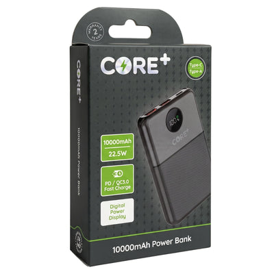 CORE+ 10000mAh power bank retail packaging box, featuring a dark gray design with green and white text and a graphic of the power bank on the front.