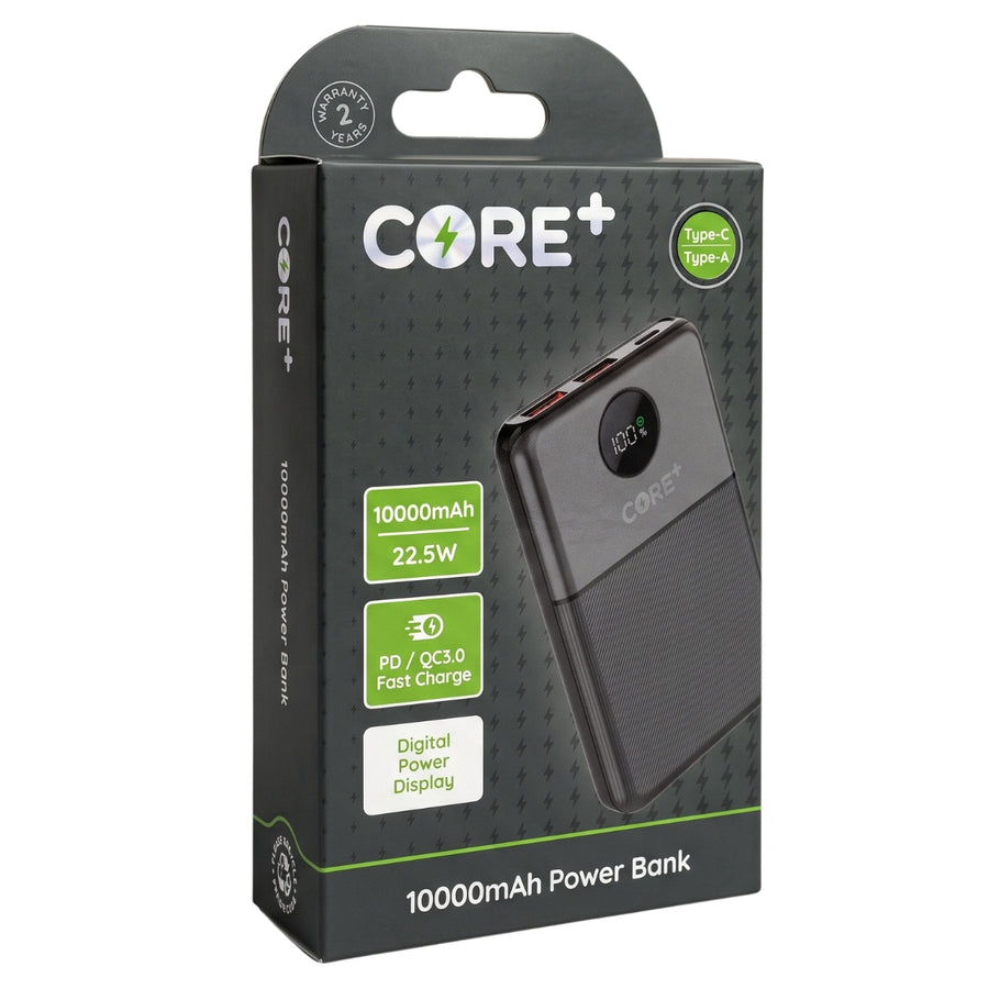 CORE+ 10000mAh power bank retail packaging box, featuring a dark gray design with green and white text and a graphic of the power bank on the front.