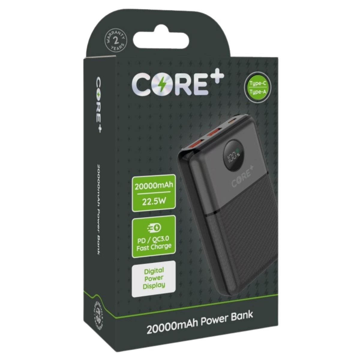 Box of the Core+ PD Power Bank - 20000mAh with digital display, 22.5W fast charge, USB Type-C/Type-A ports. The front of the package features a product image and key features. Brand: Core+.