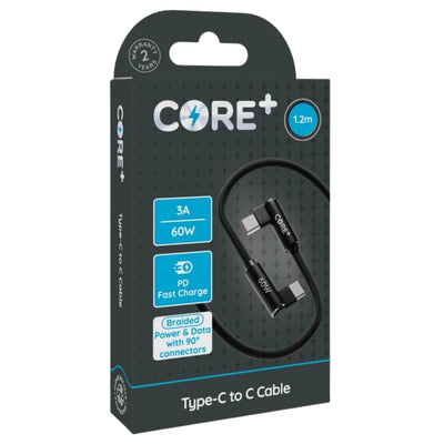Retail packaging for the Core+ 90° L-shaped Type C to Type-C Cable (3A) - 1.2m, featuring right-angled connectors, 60W fast charge Power Delivery, durable braided design, and a 2-year warranty from Core+.