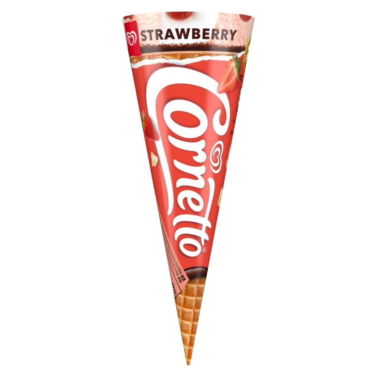 Cornetto Ice Cream Cone Strawberry (120ml) by Cornetto, in a red and pink wrapper featuring strawberries and the Cornetto logo.