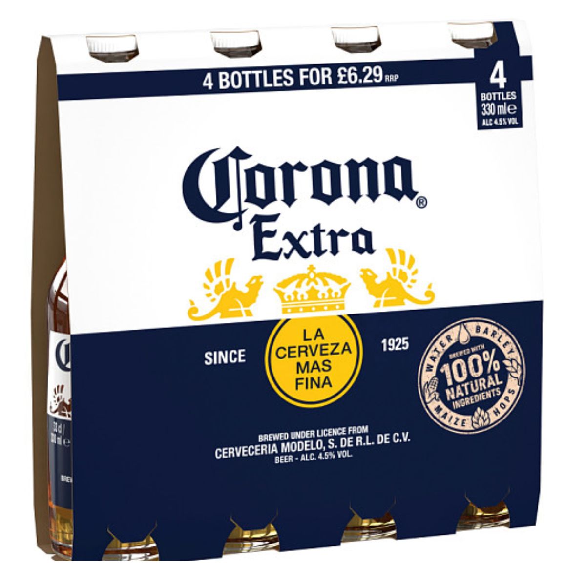 Corona - Extra 4 Pack (4.5% ABV) - 4 x 330ml in a bottle on a white background.