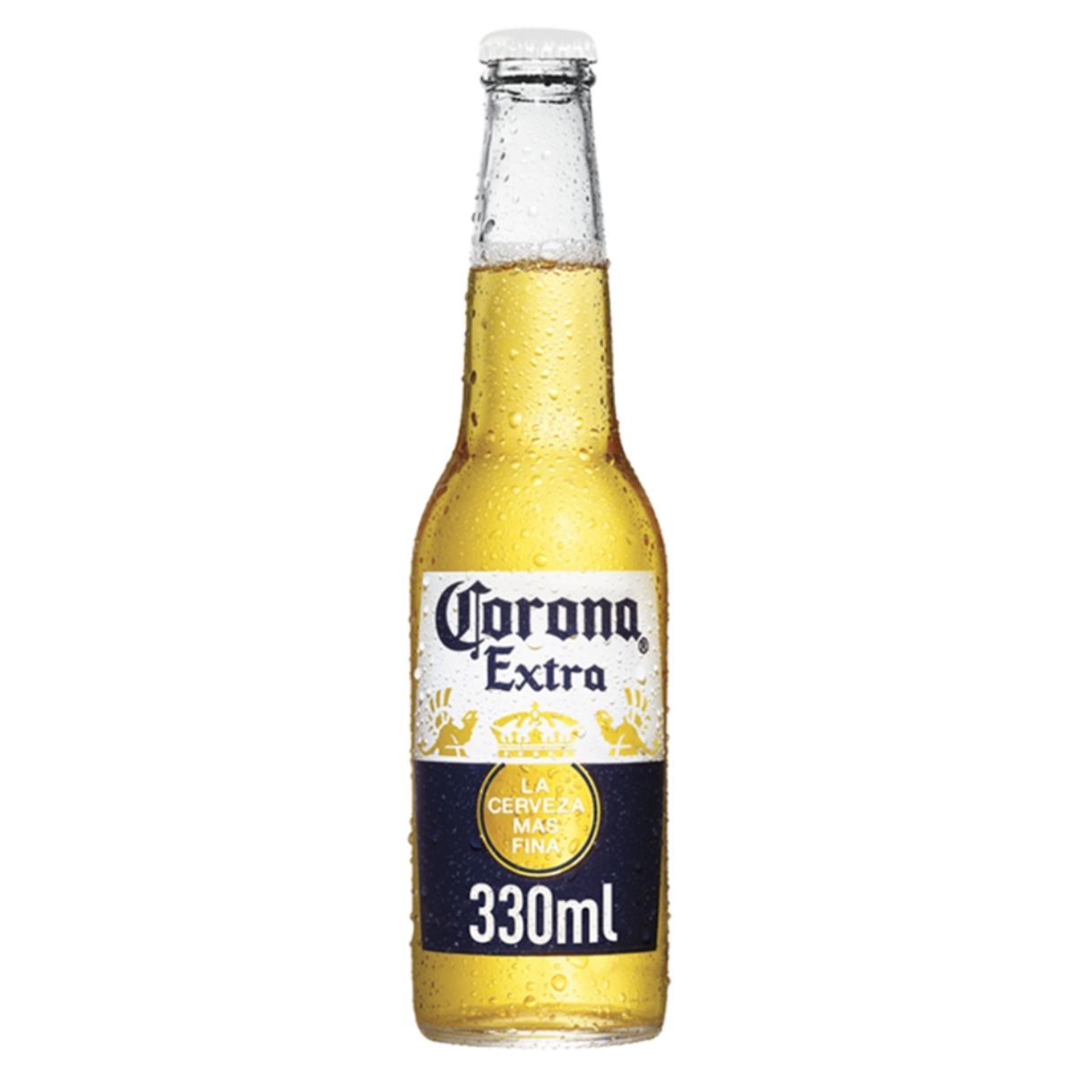 A 330ml bottle of Corona - Extra Premium Lager, glistening with droplets on the surface, crafted with premium barley malt. Perfect for savoring the authentic taste of beer enjoyed across the UK and beyond.