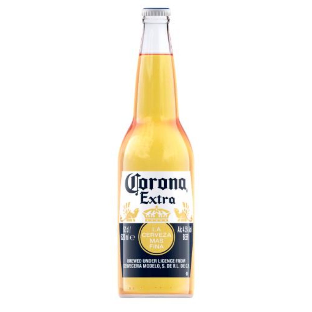 A bottle of Corona - Lager Beer Bottle (4.5% ABV) - 620ml on a white background.