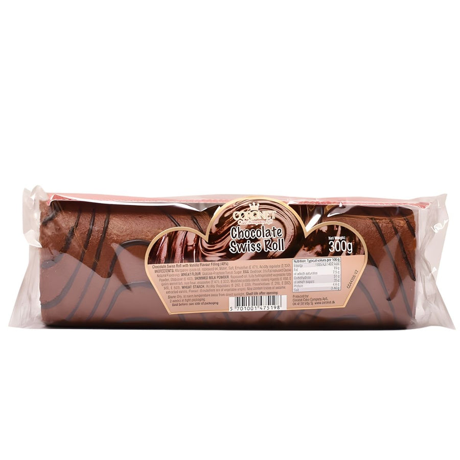 The Coronet Chocolate Swiss Roll (300g) by Coronet features a front label, chocolate drizzle on top, and a creamy vanilla filling inside.