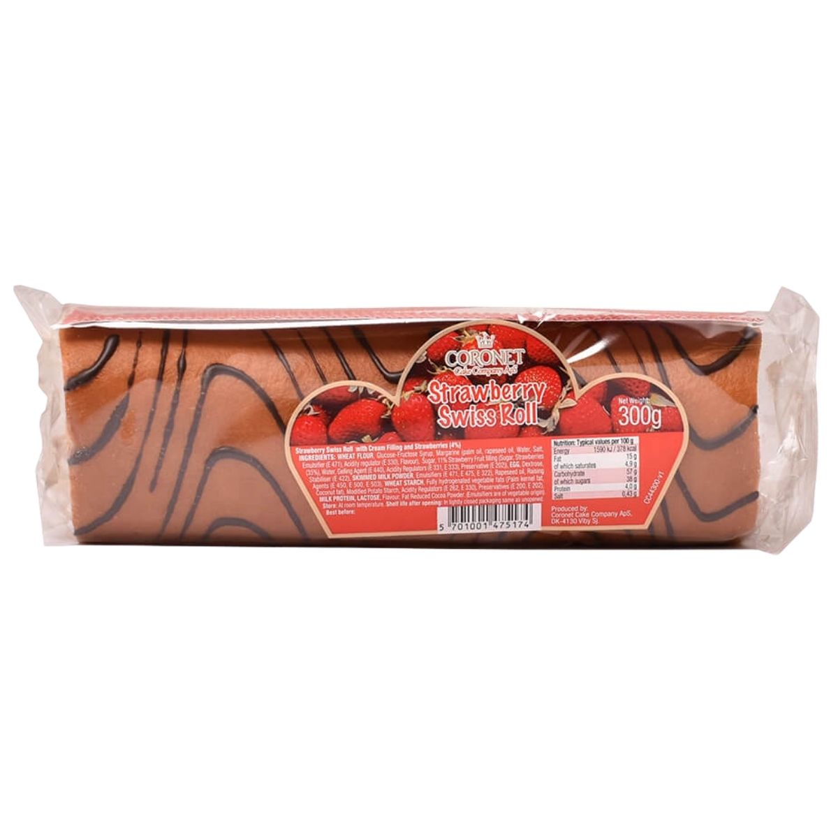 The Coronet - Strawberry Swiss Roll - 300g features a chocolate-patterned sponge cake with vanilla cream, packaged with a red label on the front. Brand: Coronet.