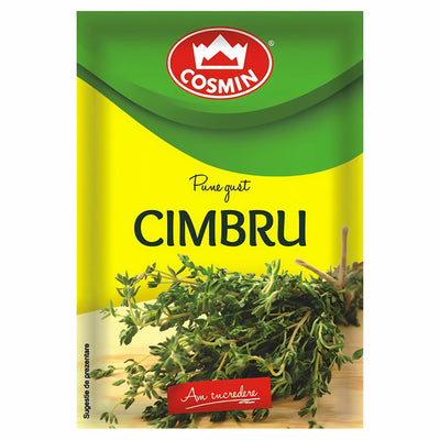 A packet of Cosmin Cimbru (8g) with savory notes, featuring vibrant green and yellow packaging and an image of fresh thyme sprigs on the front.