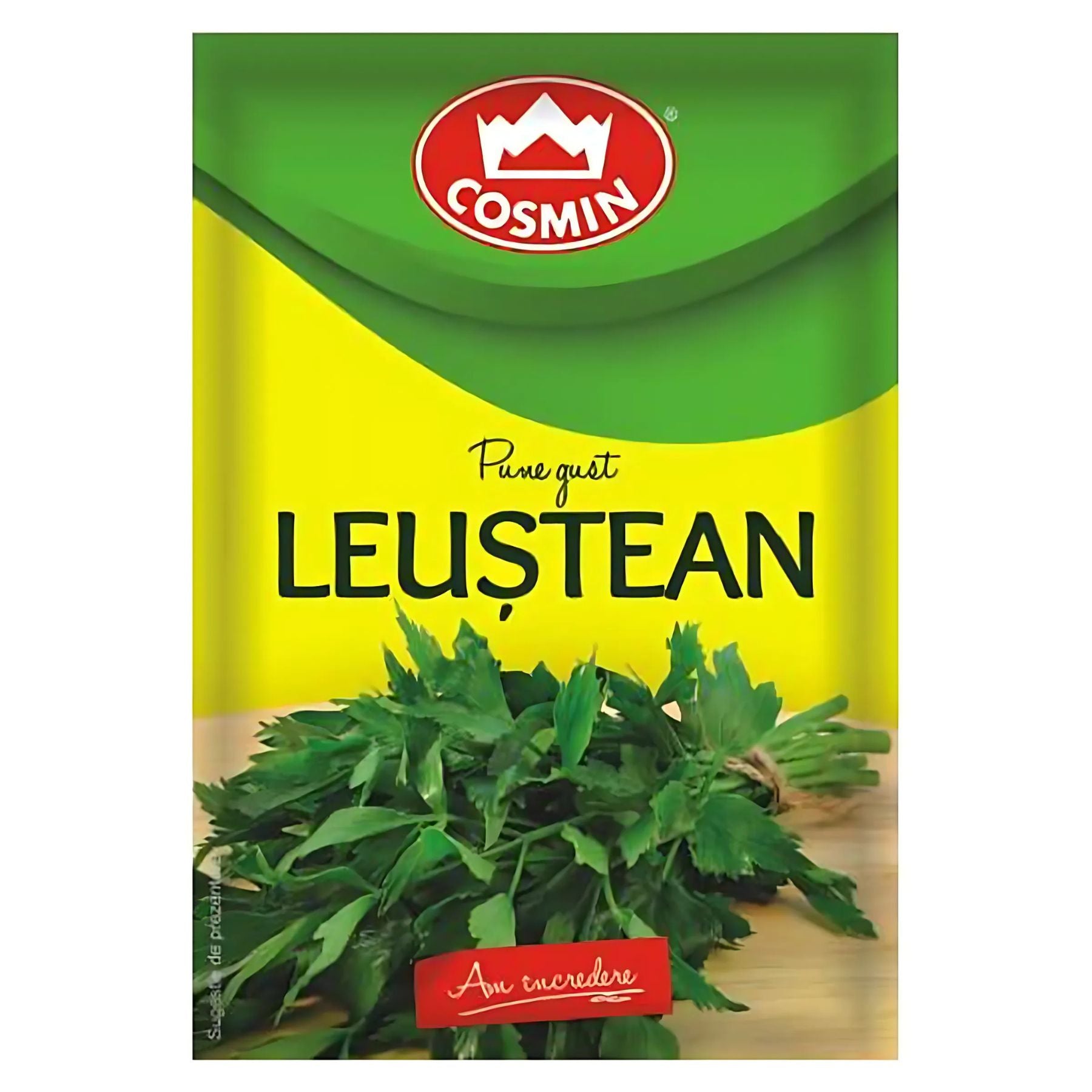 An 8g package of Cosmin Leustean, labeled "Leustean," displays fresh aromatic lovage leaves on a wooden surface.