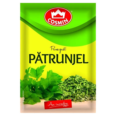 An 8g packet of Cosmin - Patrunjel, featuring images of fresh and dried parsley on a bright yellow and green background.