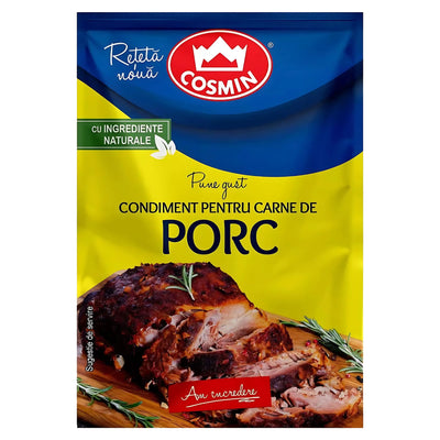 Cosmin - Pork Seasoning - 20g, labeled "Condiment pentru carne de porc," features an image of cooked pork garnished with herbs on a wooden board.