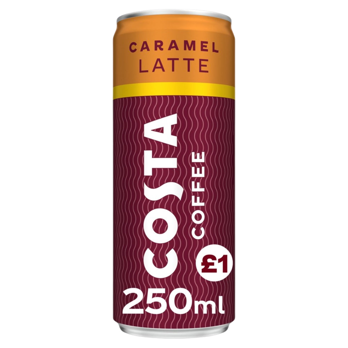 A 250ml can of Costa Caramel Latte Coffee from Costa, crafted with smooth semi-skimmed milk and natural flavourings, displays a maroon and orange label with a £1 price symbol on the front.