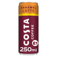 A 250ml can of Costa Caramel Latte Coffee from Costa, crafted with smooth semi-skimmed milk and natural flavourings, displays a maroon and orange label with a £1 price symbol on the front.