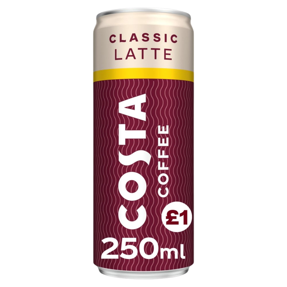 A 250ml can of Costa - Classic Latte Coffee by Costa, featuring a burgundy and cream design with vertical white text and a £1 price label—ideal for anyone wanting a convenient, ready-to-drink coffee experience.