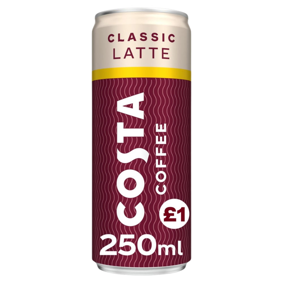 A 250ml can of Costa - Classic Latte Coffee by Costa, featuring a burgundy and cream design with vertical white text and a £1 price label—ideal for anyone wanting a convenient, ready-to-drink coffee experience.