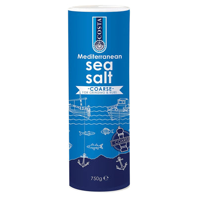 Costa - Coarse Sea Salt - 750g comes in a blue cylindrical container with nautical illustrations, labeled for grinding and rubs, perfect for seasoning.