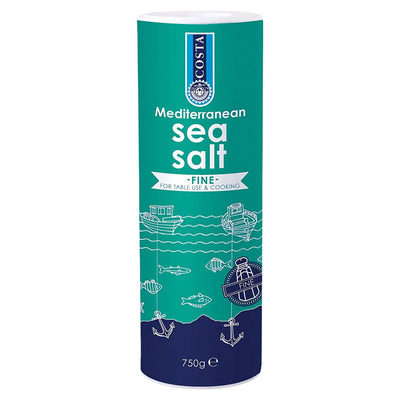 A 750g cylindrical container of Costa Fine Sea Salt, ideal for table use, seasoning, and cooking, featuring nautical-themed graphics.