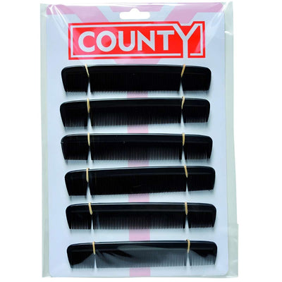 A 12 pack of county 6'' gents pocket combs, neatly arranged on a white and pink backing card with "COUNTY" in bold red at the top—perfect for men's grooming on the go.