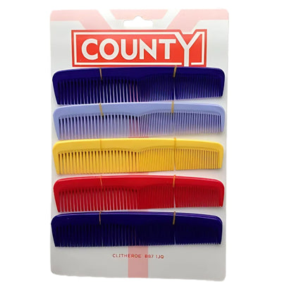 A 10-pack of county brand hair combs in assorted colors, displayed on a white and pink backing card—perfect styling combs for tangle-free hair each day.